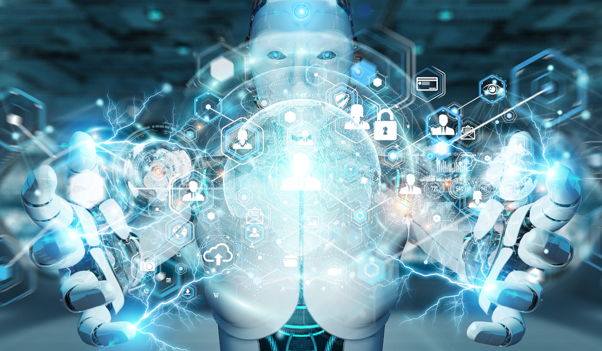 AI Robot holding digital communication and security icons